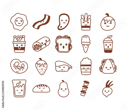 set of icons kawaii food , line style icon