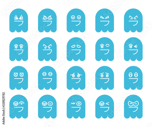 blue cute ghost emoji, emoticon icons set
