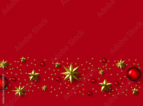Christmas composition banner. Xmas design background with realistic gift box, glitter gold confetti, red ball decoration and candy. Top view horizontal poster with copy space. Flat lay greeting card. 