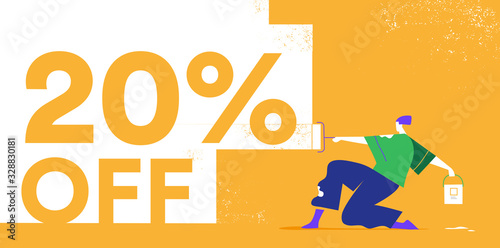 Promozione, offerta, sconto, 20% OFF. Giovane artista pittura in muro con rullo