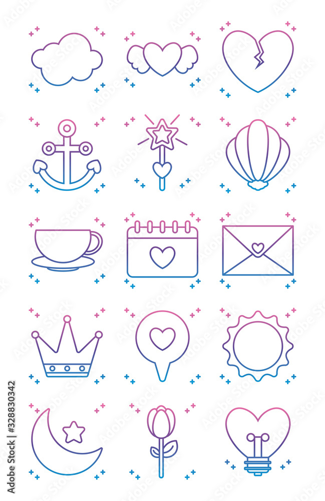 hearts and kawaii icon set, gradient line style hearts and kawaii icon set, gradient line style