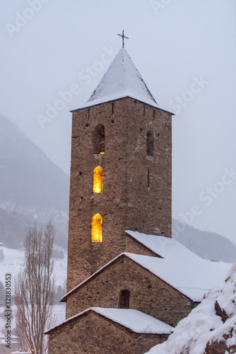 Church of Sant Serni in autumn in Canillo, Andorra in winter. photo