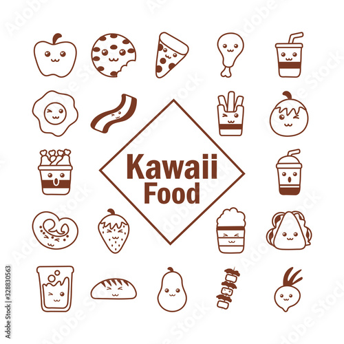 set of icons kawaii food , line style icon