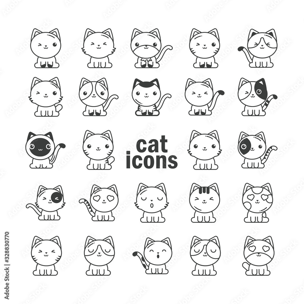 set of cute cats on white background, line style icon vector