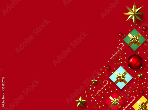 Christmas composition banner. Xmas design background with realistic gift box, glitter gold confetti, red ball decoration and candy. Top view horizontal poster with copy space. Flat lay greeting card. 