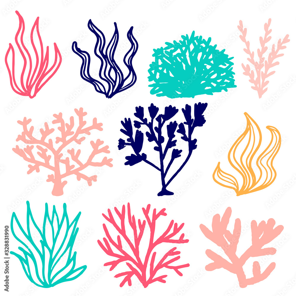 Fototapeta premium Set of multicolored vector coral and seaweed in doodle style, hand-drawn isolated on white background. Design elements on the marine and underwater theme in pink, blue, turquoise and yellow.