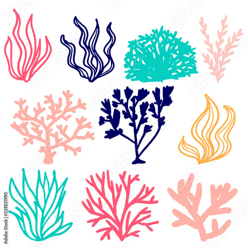 Set of multicolored vector coral and seaweed in doodle style  hand-drawn isolated on white background. Design elements on the marine and underwater theme in pink  blue  turquoise and yellow.