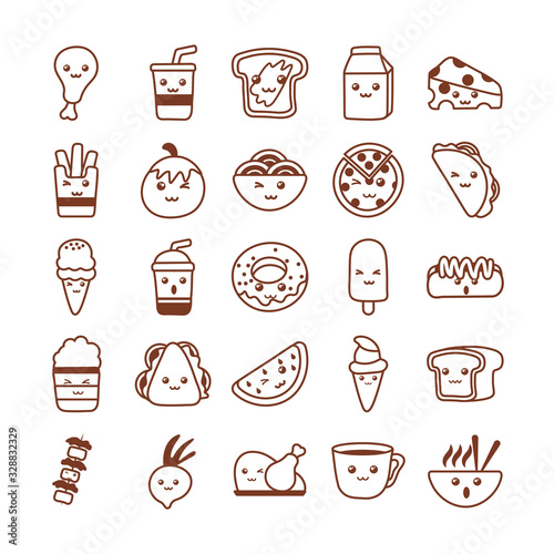 set of icons kawaii food , line style icon