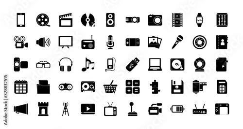 Multimedia and technology silhouette style icon set vector design