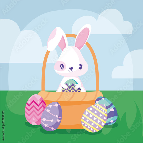 cartoon rabbit with easter eggs in a basket