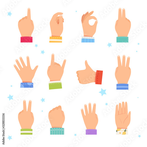 Set of children's hands showing different gestures. Children's hands in different poses, hold, point and count