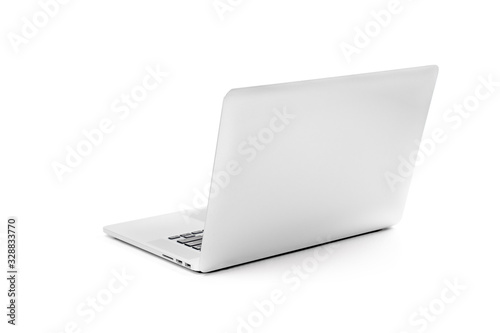 Laptop gray metalic sliver colour notebook in backside view open cover on the white background. Clipping Path.