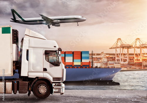 Truck, aircraft and cargo ship in a deposit with packages ready to start to deliver. Concept of transportation industry