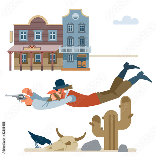 Professional killer shoots in a jump on the fly. wild West. Cartoon vector illustration. Flat style. Isolated on white background