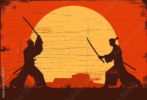 Silhouette of two Japanese Samurai sword fighting, Vector Illustration