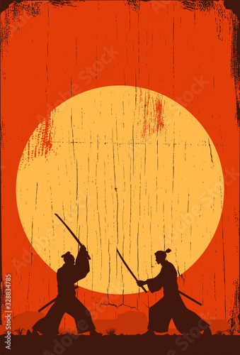 Silhouette of two Japanese Samurai sword fighting, Vector Illustration