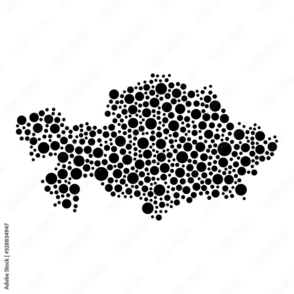 Kazakhstan map from black circles of different diameters or spots, blotches, abstract concept geometric shape. Vector illustration.