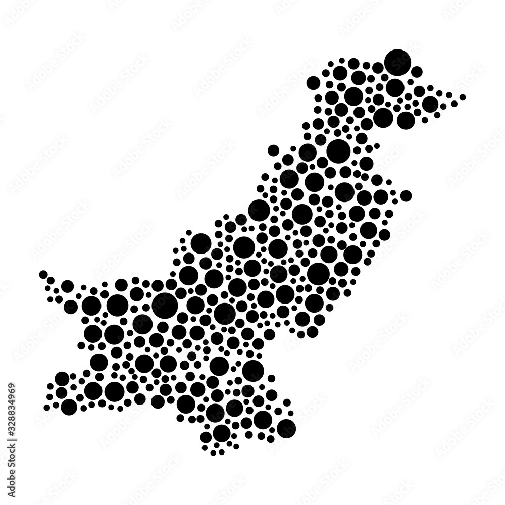 Pakistan map from black circles of different diameters or spots, blotches, abstract concept geometric shape. Vector illustration.