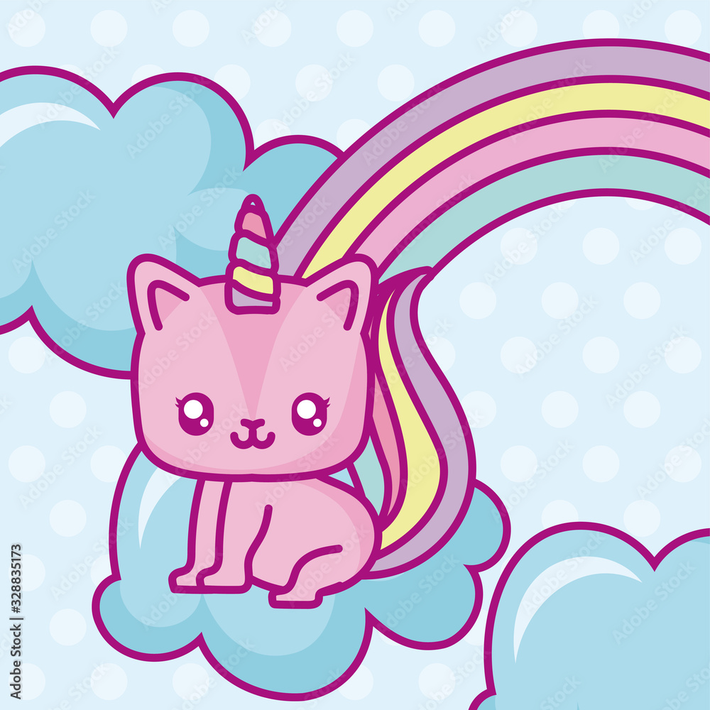 clouds with kawaii unicorn and rainbow over purple background, colorful design