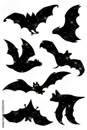 Black vintage starry stars night sky beautyful set of bats bat fly isolated on white background