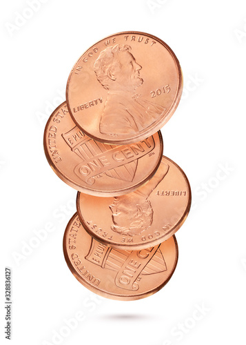 Coin stack with penny or one US cents isolated in white photo