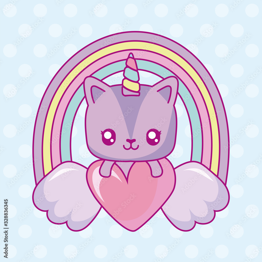 kawaii unicorn with wings and heart over rainbow and blue background, colorful design kawaii unicorn with wings and heart over rainbow and blue background, colorful design