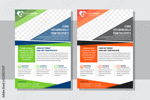 Abstract geometric medical flyer with vertical layout and white background. Set of Brochure use green, blue, orange and black colors in element design. Space for photo. 