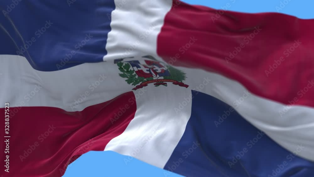 4k Dominica Dominican Republic National flag slow loop seamless waving with visible wrinkles in wind blue sky background.A fully digital rendering-animation loops at 20 seconds.