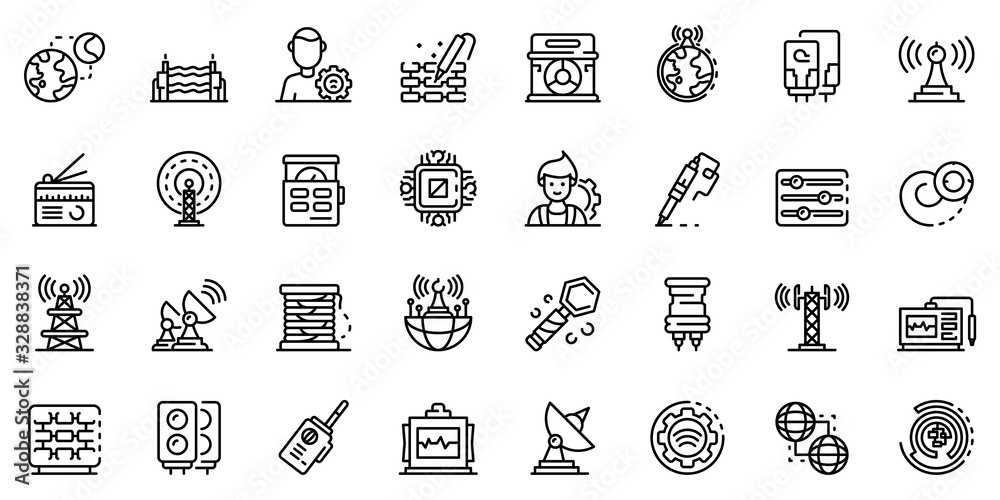 Radio engineer icons set. Outline set of radio engineer vector icons for web design isolated on white background