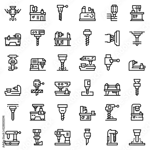 Milling machine icons set. Outline set of milling machine vector icons for web design isolated on white background photo
