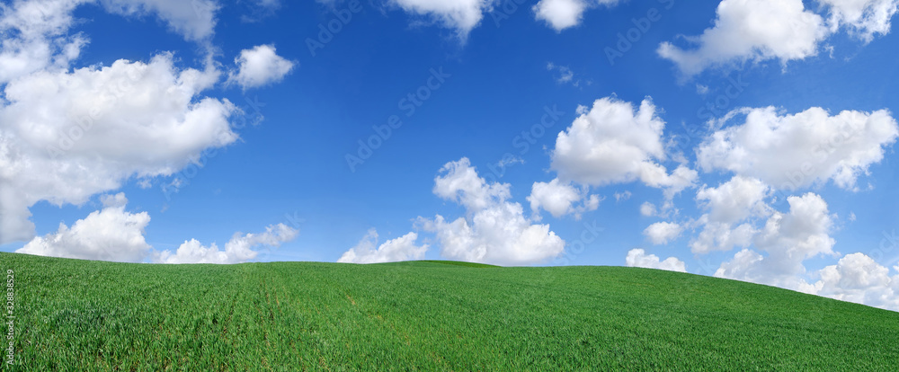 Fototapeta premium Idyllic view, green hills and blue sky with white clouds