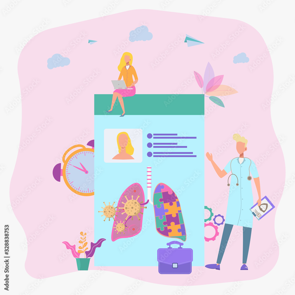 The concept of diagnosis and treatment of coronavirus COVID-2019. Doctors diagnose the deadly type of 2019 nKoV virus. Little scientists study the virus. Colorful vector illustration The concept of diagnosis and treatment of coronavirus COVID-2019. Doctors diagnose the deadly type of 2019 nKoV virus. Little scientists study the virus. Colorful vector illustration