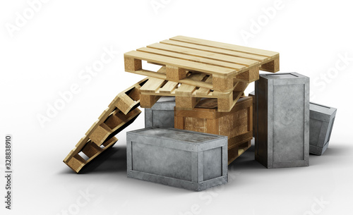 Some wood pallets and transportation metal boxes piled up in disorder