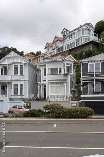 picturesque traditional Victorian houses at Oriental parade neighborhood, Wellington, New Zealand