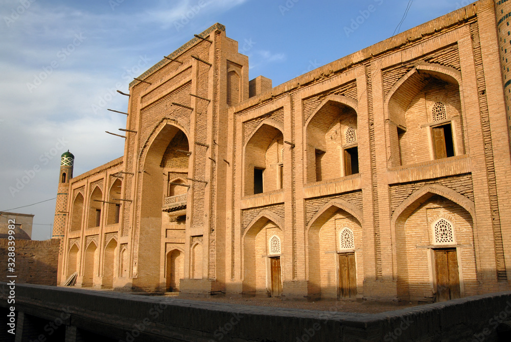 Facade (portal) of Amir Tura Madrasah (1870), Itchan Kala (old or inner town). Khiva town, Uzbekistan.
