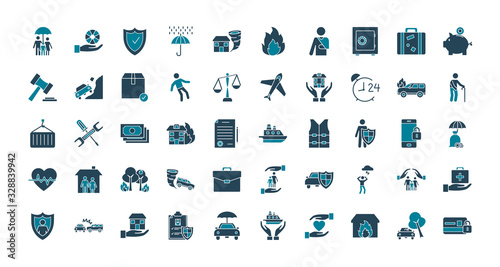 Insurance silhouette style icon set vector design
