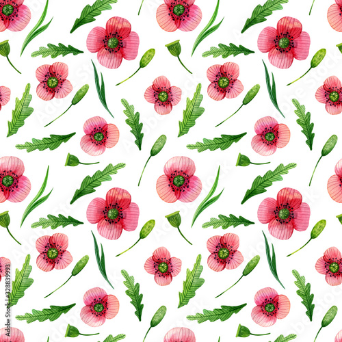 Seamless pattern of poppies and leaves