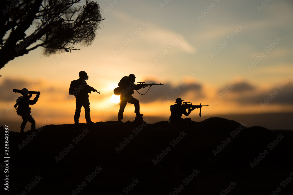 War Concept. Military silhouettes fighting scene on war fog sky background, War Concept. Military silhouettes fighting scene on war fog sky background,
