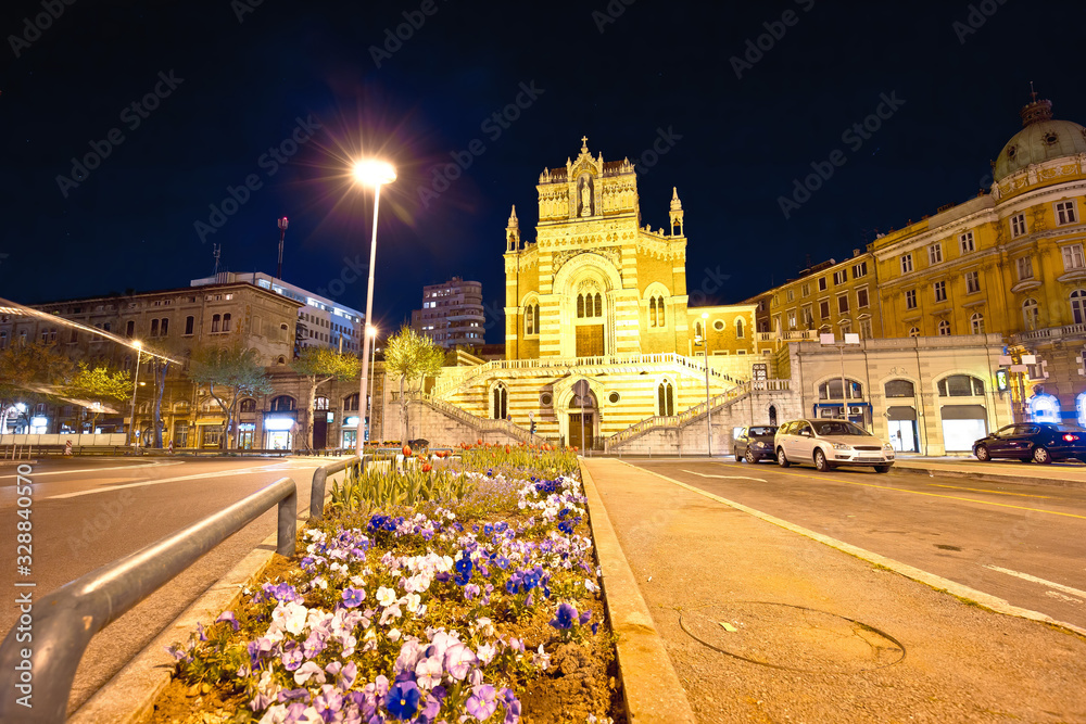 Rijeka church and square evening street view