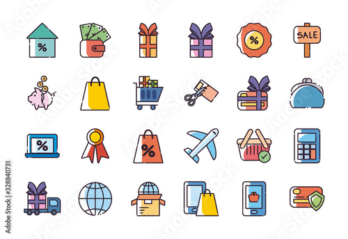 Shopping fill style icon set vector design