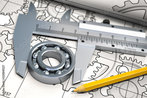 Canvas-taulu Bearings with trammel and pencil on technical drawing