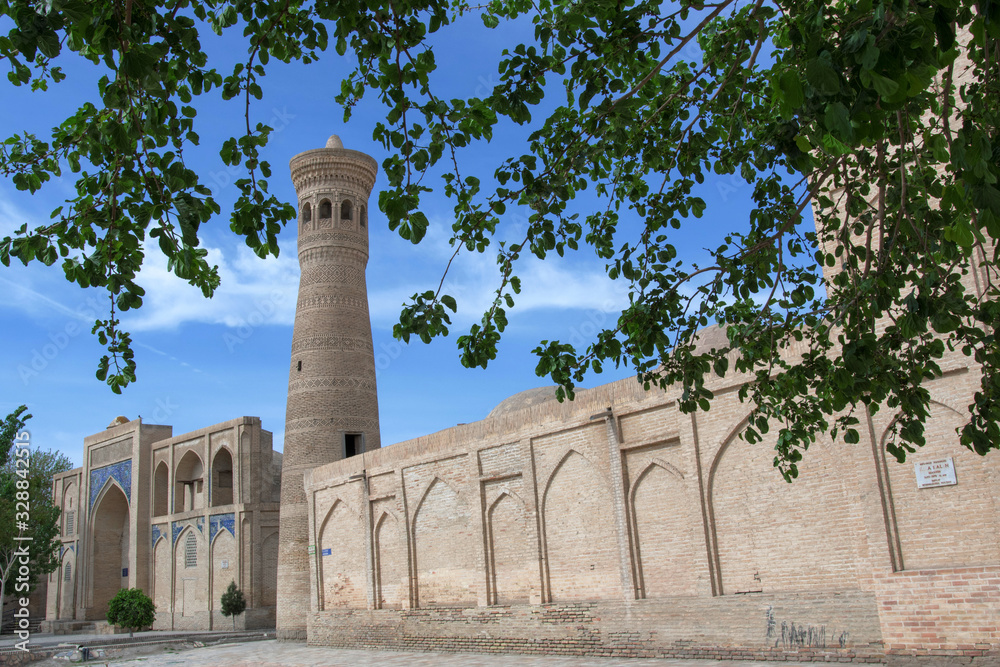 Khoja Kalon minaret and Khoja Kalon Mosque (late 16th century), part of Khoja-Gaukushan Ensemble. Bukhara, Uzbekistan, Central Asia.