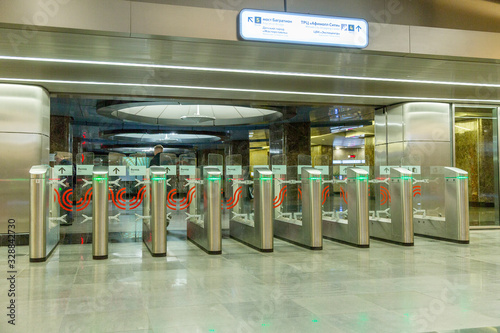 Moscow, Russia, 27/02/2020: A number of modern turnstiles in the Moscow metro.