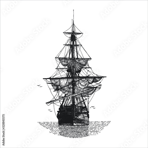 Pirate ship isolated on white. Hand drawn ink ship with birds and ropes. Black vessel with blank background.
