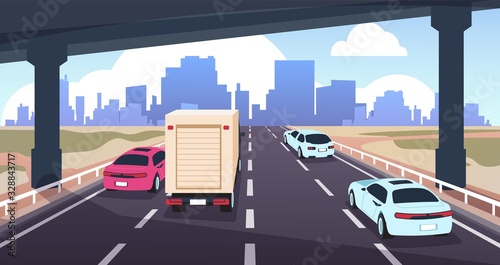 Cartoon highway traffic. Road to city with cars, nature landscape and skyline, travel and logistic concept. Vector illustrations panoramic view silhouette modern scene urban skyscrapers