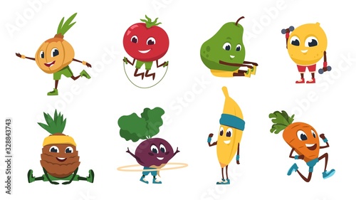 Fruits fitness. Vegetables cartoon characters doing fitness exercises and sport activities. Vector illustration cute and funny healthy food set in sports training poses