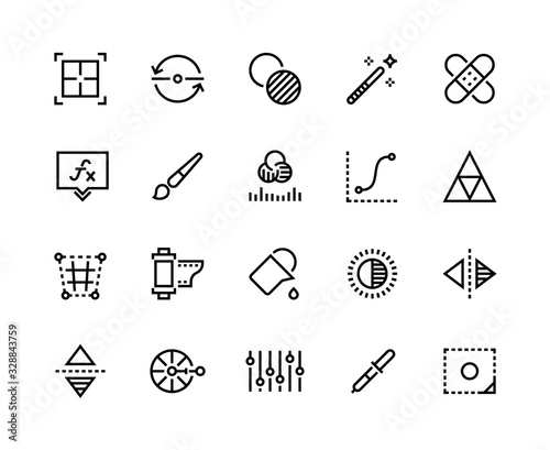 Image editing line icons. Crop, flip and rotation instruments, color balance and tone curve adjustment. Vector picture editing tools for cropping, render, edit