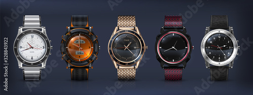 Realistic wrist watches. 3D classic and modern business watches with chronograph, metal and leather bracelet and different clockworks faces. Vector set style modern men watch