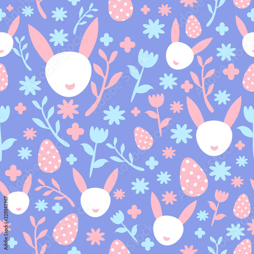 Easter seamless pattern with flowers, eggs and rabbits. Stock vector illustration for web, print, wrapping and scrapbooking paper, wallpaper and background.