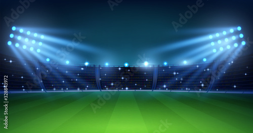 Realistic football arena. Soccer playing field at night with illuminate bright stadium lights, green grass and tribunes. Vector illustration background for football championship or match team